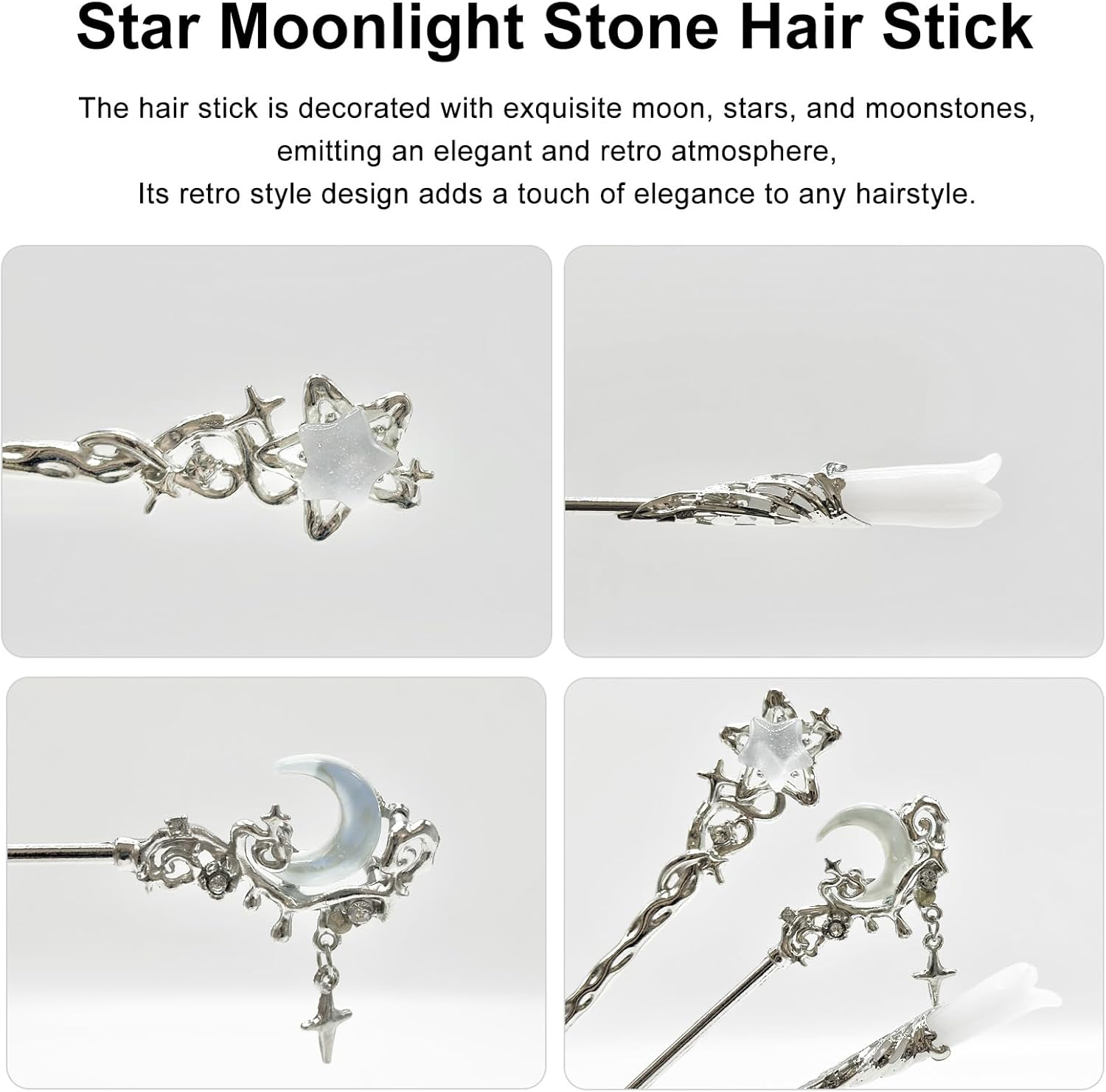 BRDXOOL Pack of 3 Women'S Hair Pins Star and Moon Hair Pins Long Hair Pin Sets Simple Hair Pins Retro Hair Pins Metal Silver Hair Pins for Girls Gifts image number 3