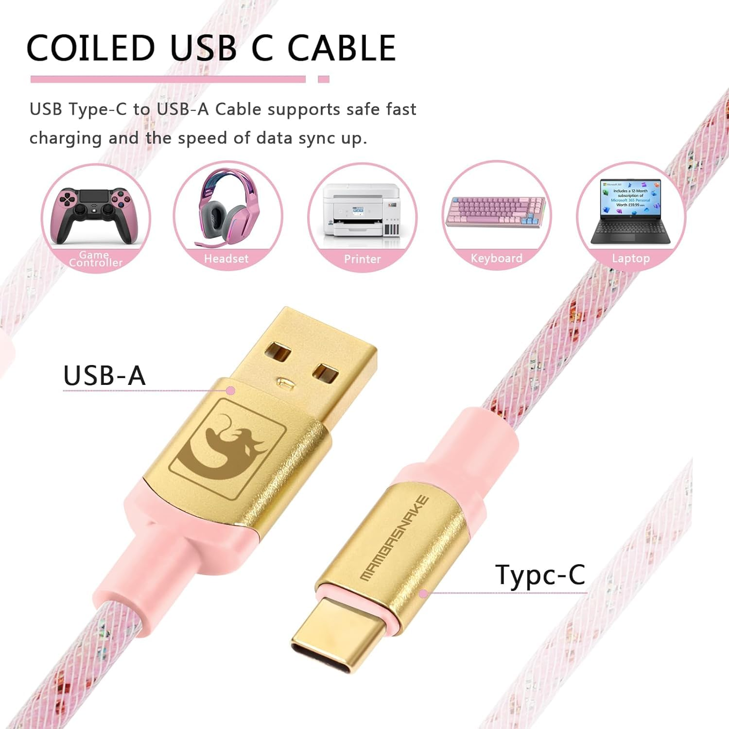 ATTACK SHARK Custom Coiled USB C to a Cable for Gaming Keyboard,Double-Sleeved Starlight Braided Cable with Detachable Metal Aviator 24K Gold Connector 1.7M-2.2M for Phone/Ps4/Android/Xbox-(Pink)