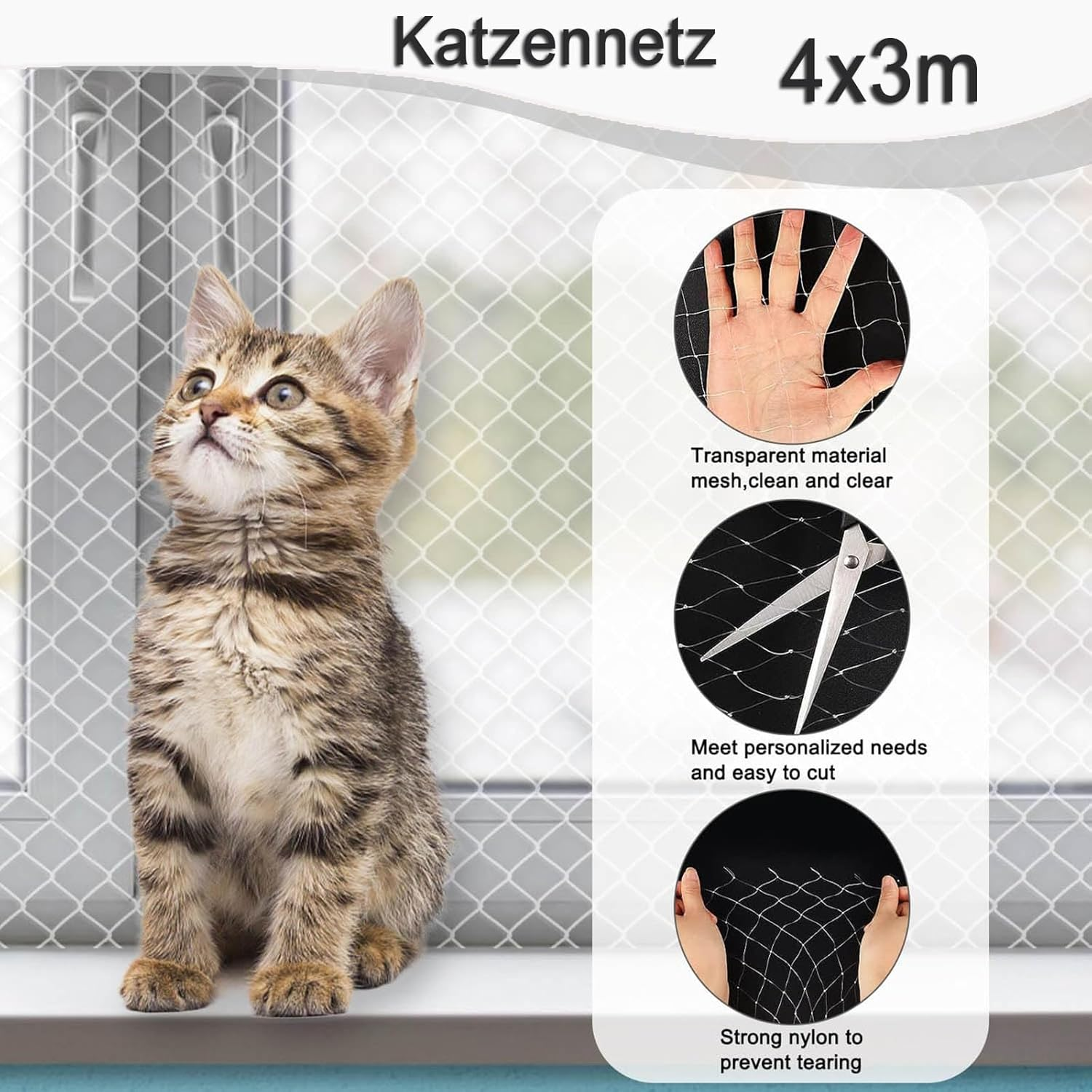 Transparent Balcony Cat Net, Cat Protection Net Made of Transparent Nylon, Cat Grid Balcony, 3 X 4 M, Cat Net for Balcony, No Drilling, Cat Net Wire Reinforced, for Balcony, Patio image number 4