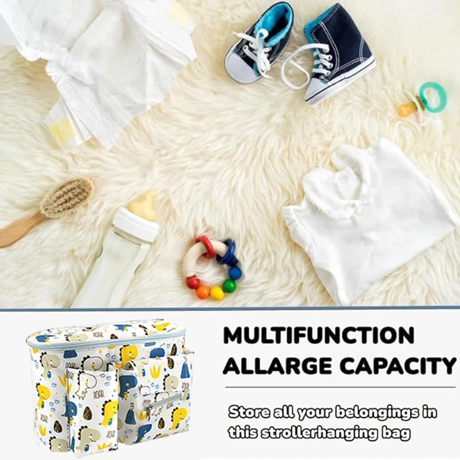 Baby Stroller Hanging Organiser Bag 12.2X7.8X5.9In Large Capacity Universal Waterproof Multi Pocket Diaper Storage with Tissue Dispenser Compact Design Universal Fit for Prams & Buggie(Dinosaur) image number 5