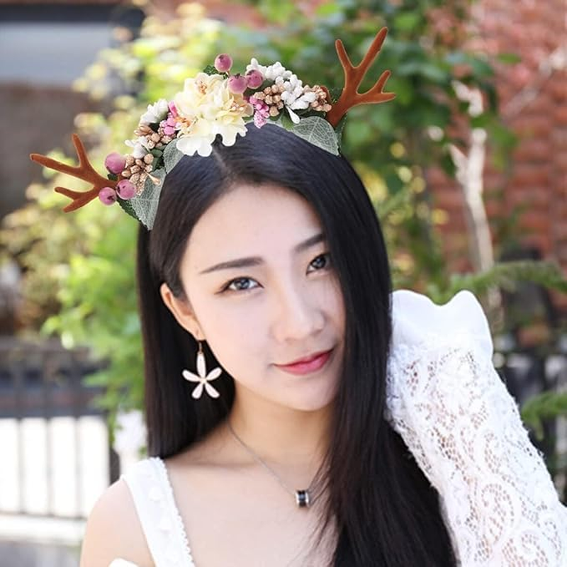Christmas Headband Deer Antler Hair Hoop with Flowers Headpiece Headware for Girl Women Party image number 2