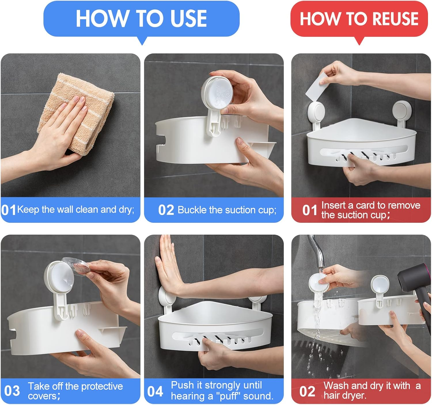 LEVERLOC Suction Cup Corner Shower Shelf - No Drilling, Removable Bath Shelf with Heavy Duty Hold, Waterproof & Oilproof White Shower Organizer Rack for Bathroom & Kitchen