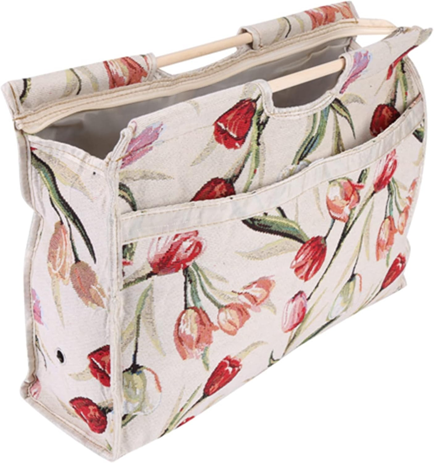 Fabric Storage Bag with Wood Handle, for Knitting Needles & Sewing Tools (Rose Jacquard) image number 3
