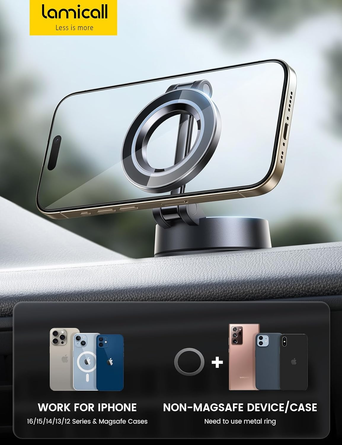 Lamicall for Mag Safe Car Mount [70LBS Powerful Suction] Magnetic Phone Holder for Car, 360&deg; Rotation Suction Cup Phone Mount Dashboard Windshield Fit Iphone 17 Pro Max Air 16 plus 15 14 13 12