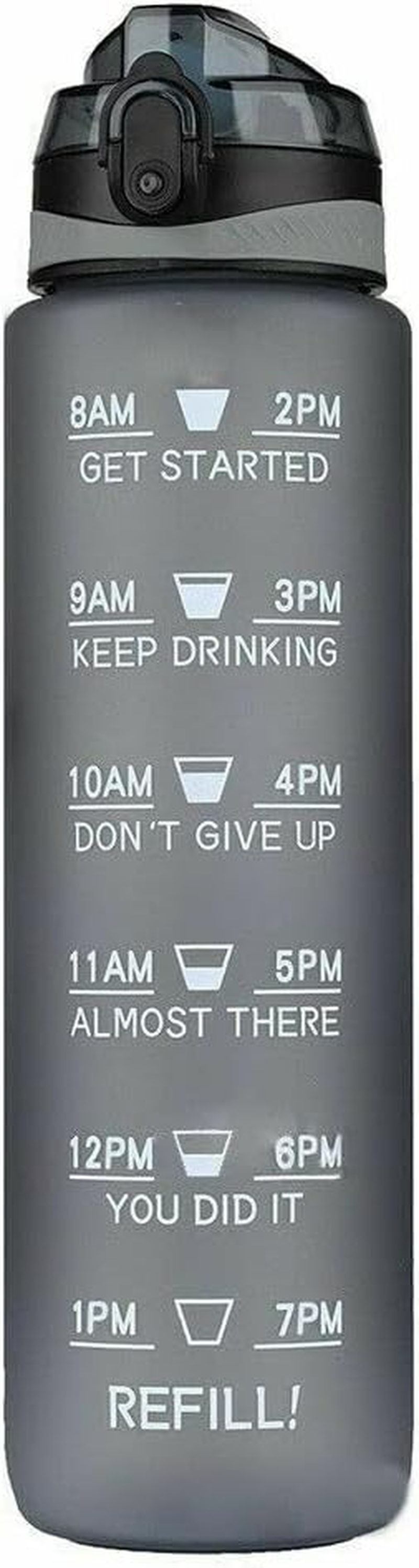 Water Bottle 1L Motivational Drink Flask with Time Markings BPA Free Sport Gym (Grey)