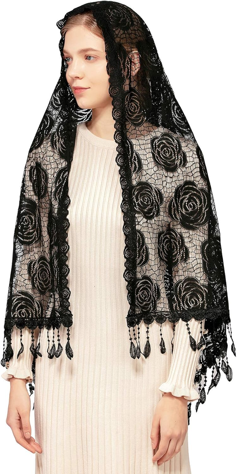 Wgior Rose Rectangular Chapel Veil Scarf Catholic Church Veils Mantilla Wrap Shawl Mass Head Covering image number 3