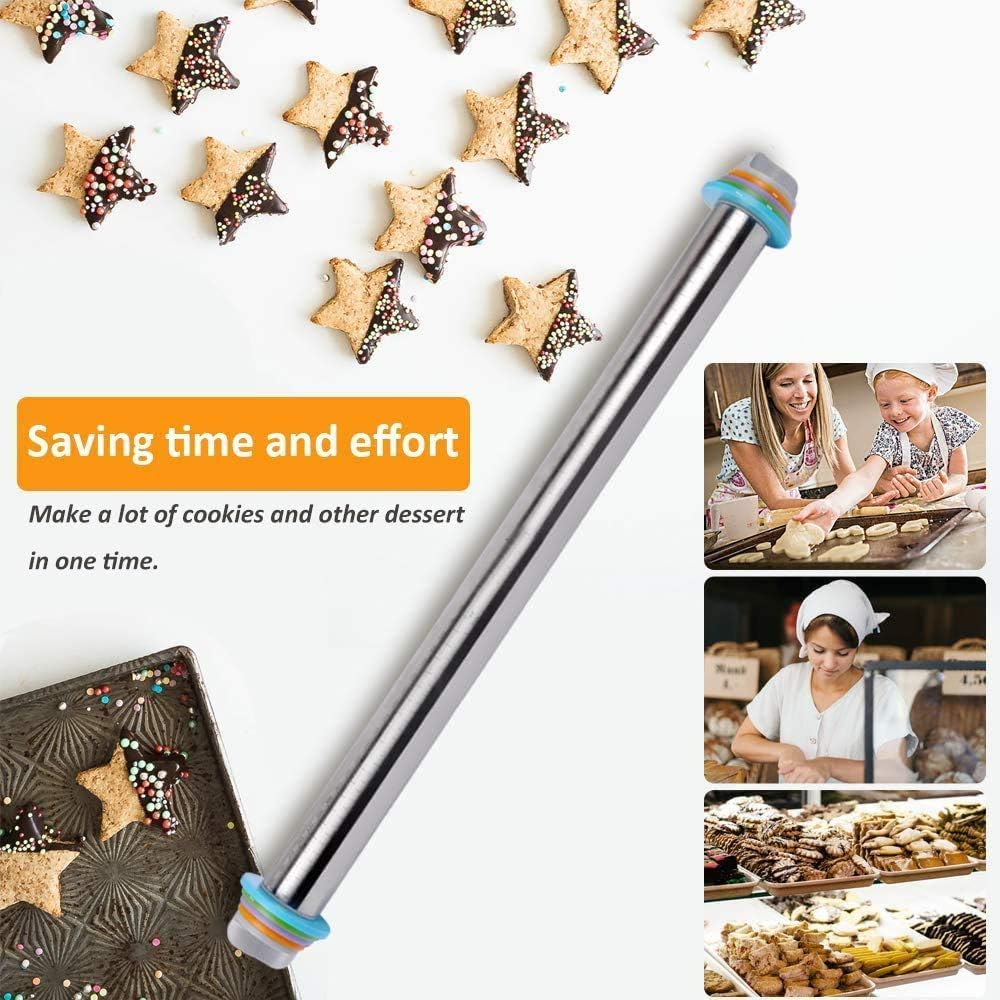 Rolling Pin and Baking Mat Set, Adjustable Stainless Steel Rolling Pins Dough Roller Cake Leveler with 4 Removable Adjustable Thickness Rings for Baking Dough Pizza Pie Pasta Fondant and Cookies