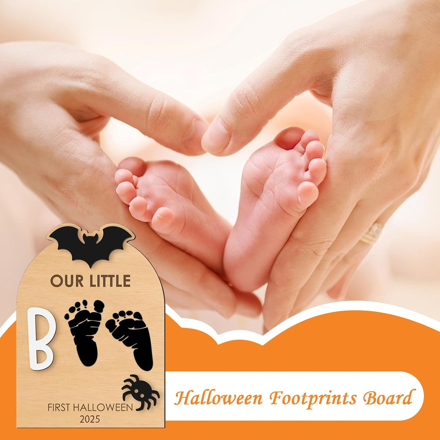 Baby Hand and Footprint Kit,Halloween Baby Footprint Casting Board - Craft Kit with Ink Pad Hand Ornament for Birth Shower Mom Dad Kids Family, Christmas Halloween Nursery - Pumpkin image number 6