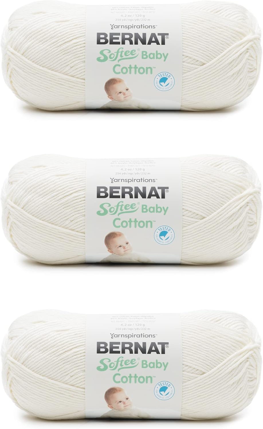 Bernat Softee Baby Cotton Cotton Yarn - 3 Pack of 120G/4.25Oz - Blend - 3 DK (Light) - 254 Yards - Knitting/Crochet