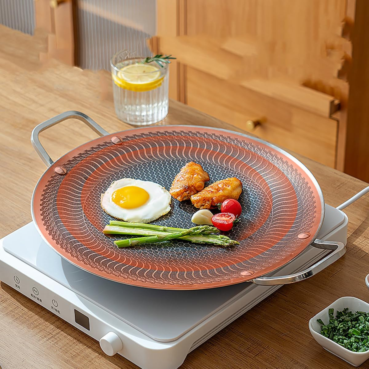 DDMMQS Stainless Steel Outdoor Baking Tray, Non Stick Coating, 13.38 Inch Circular Barbecue Pan, Suitable for Induction Cookers, Gas Stoves, Electric Stoves, Indoor or Outdoor Barbecue