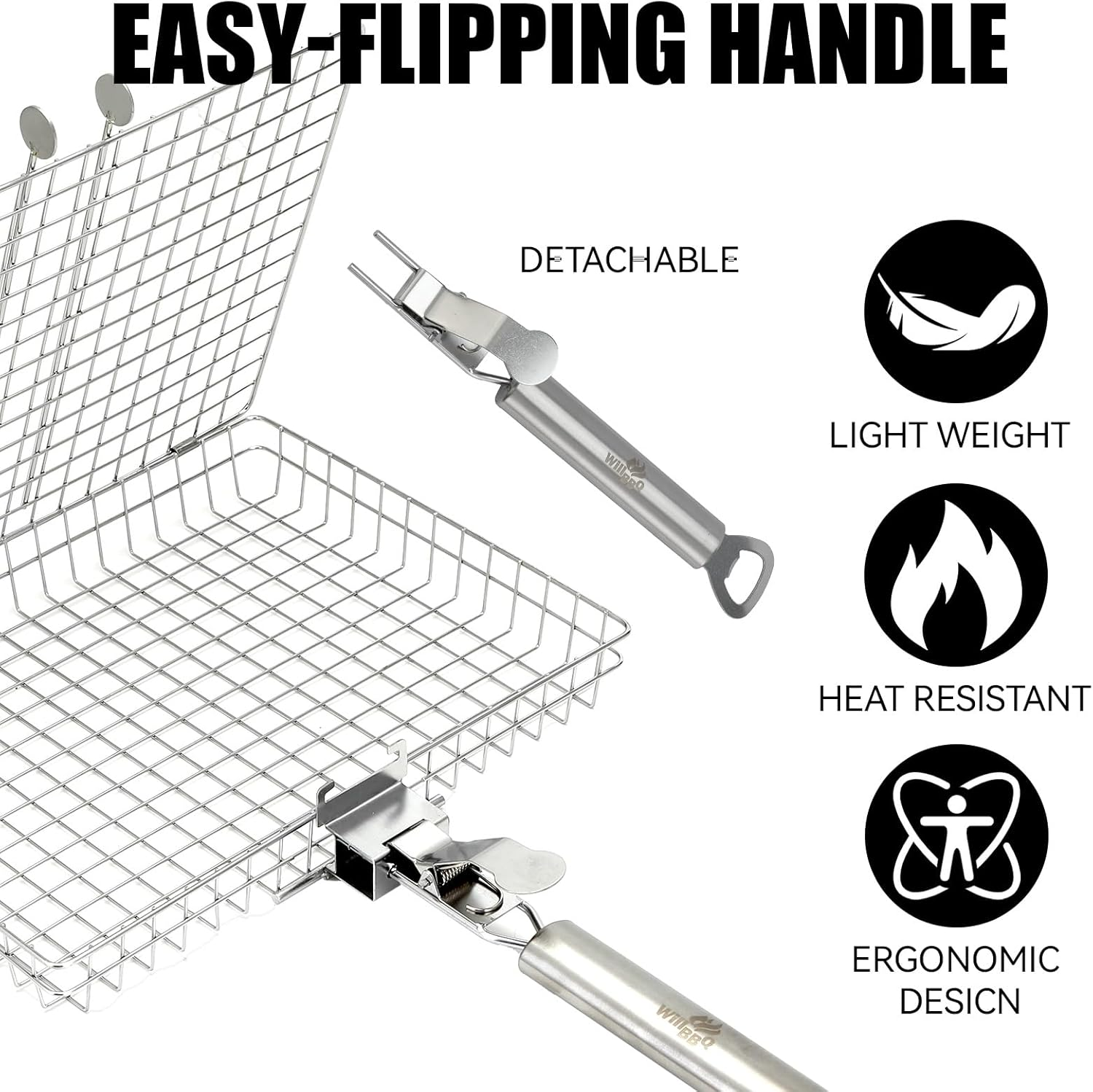 Willbbq Multi-Function BBQ Basket &ndash; Portable Large Stainless Steel Grill Basket with Removeable Handle, Perfect for Outdoor Cooking, BBQ, Kitchen Use