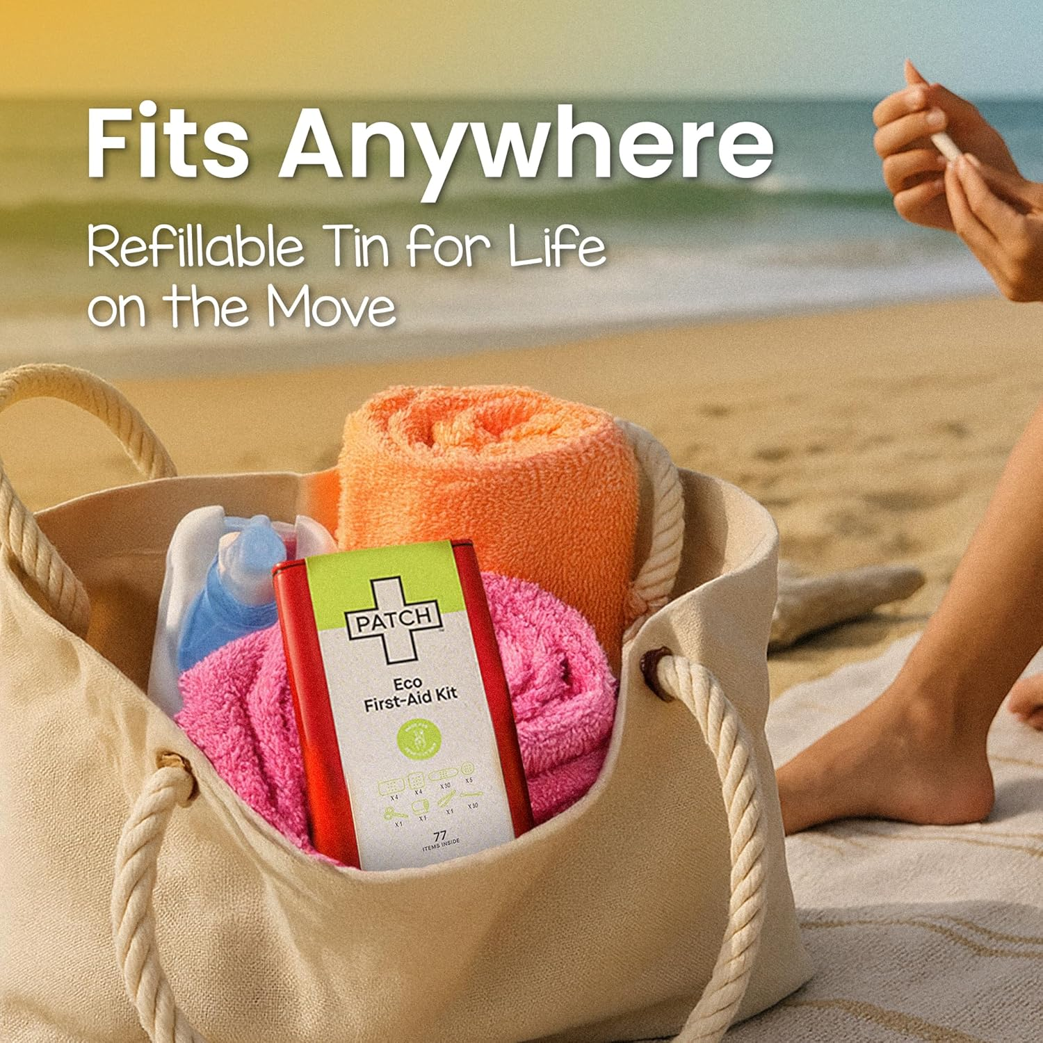 Patch Eco First Aid Kit, Assorted Hypoallergenic Adhesive Sizes Large and Small Bandages for Sensitive Skin, Essential Medical Supplies in a Reusable Tin, Latex Free, Sensitive Skin Bandages, 77 Ct image number 2