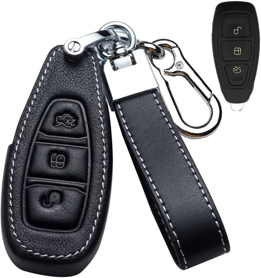 Ontto Leather Car Key Fob Cover Fit for Ford Focus Mondeo Fusion Fiesta Ka Kuga S-Max 2011-2017 Flip Key Case Key Holder Key Shell Keychain Keyring Protective Accessories Black
