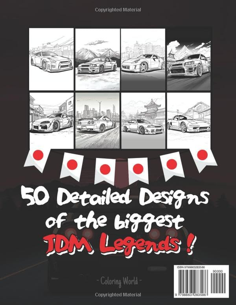 Japanese Cars Coloring Book for Car Lovers: JDM Legends & Authentic Landscapes of Japan | 50 Detailed Coloring Pages for Stress Relief & Relaxation