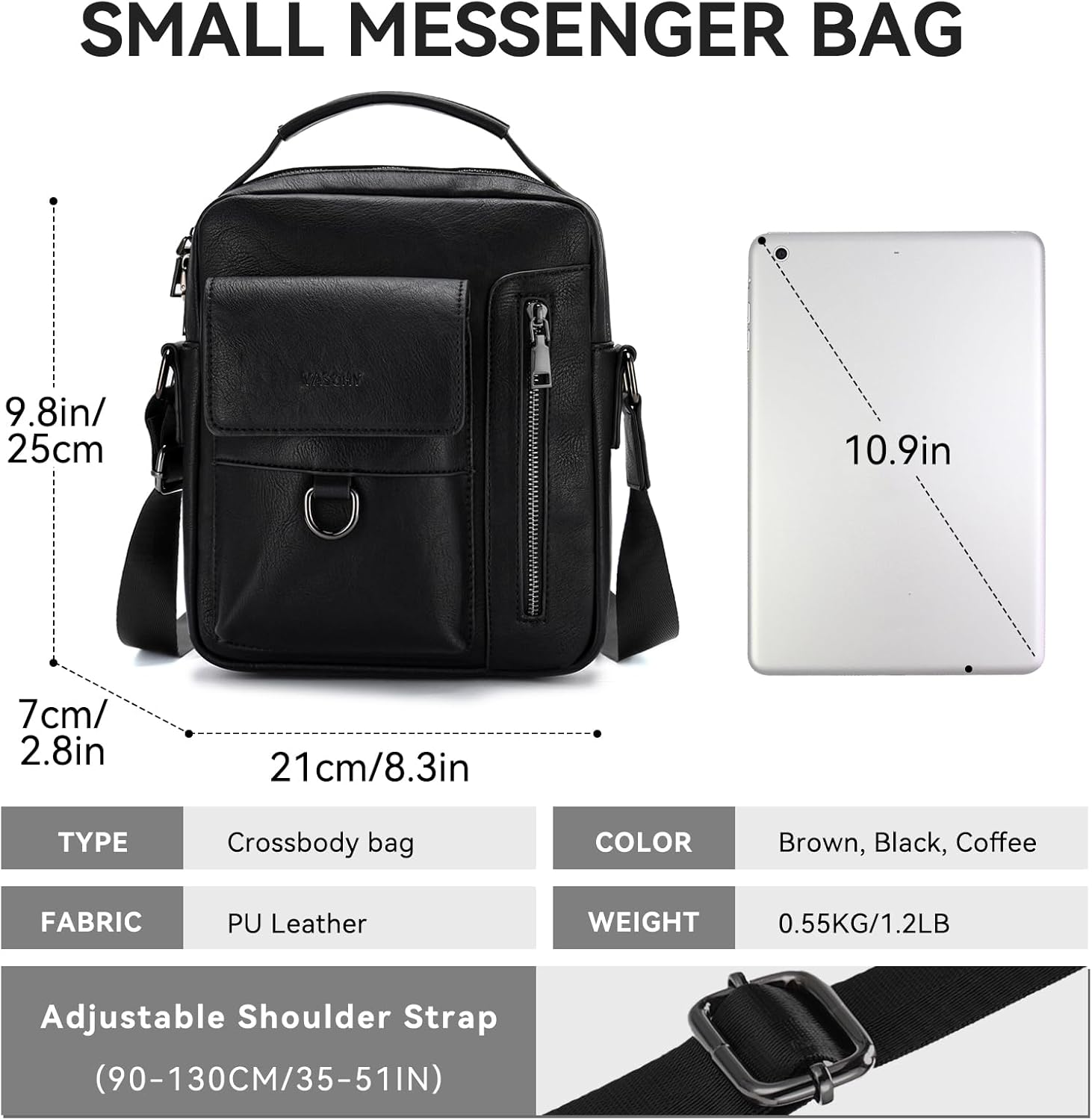 VASCHY Messenger Bag for Men, Vintage Small Vegan Leather Crossbody Handbag Shoulder Sling Side Bag for Casual, Work - Coffee image number 5