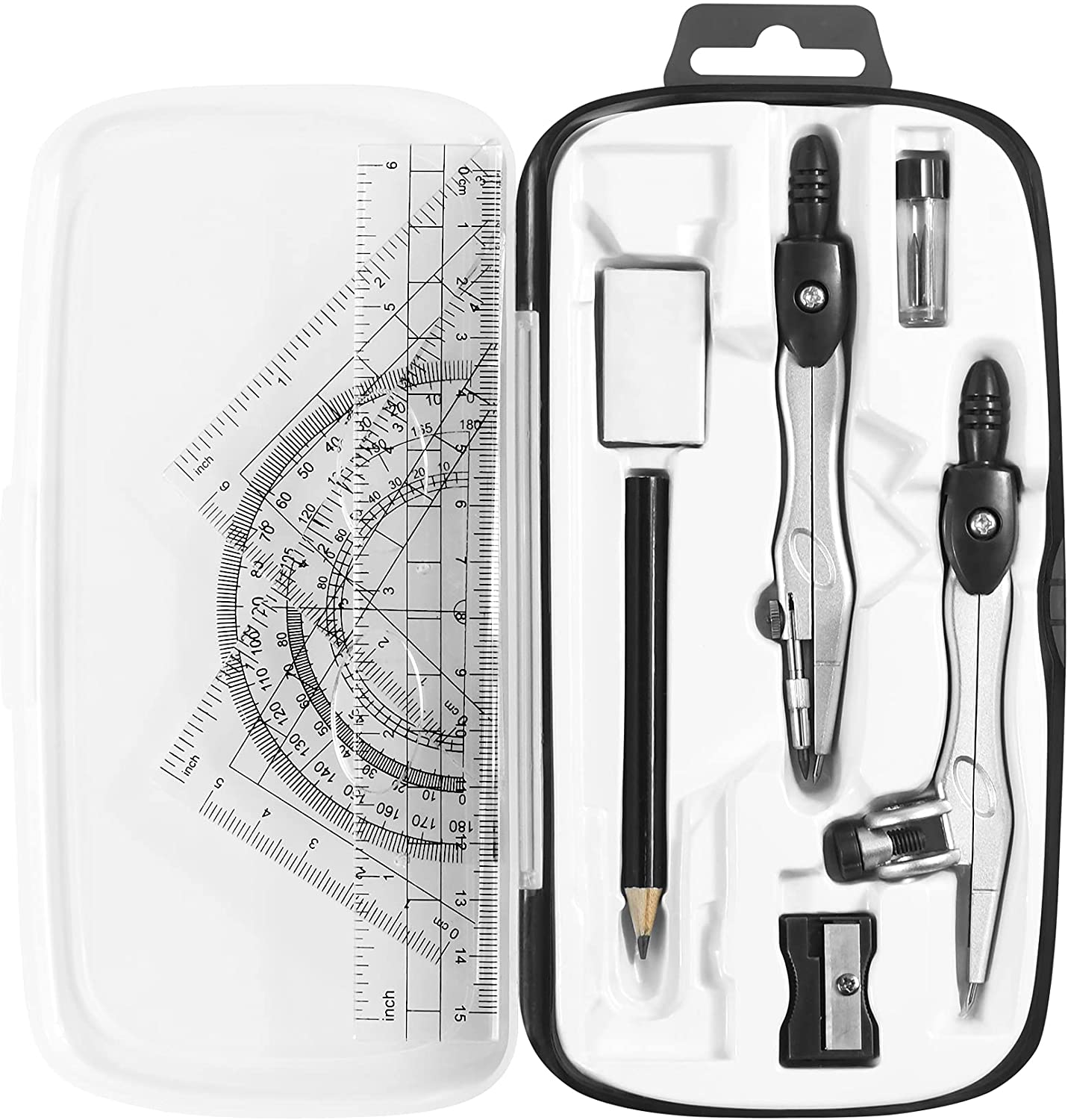 Math Geometry Kit Sets 10 Piece Student Supplies with Shatterproof Storage Box,Includes Rulers,Protractor,Compass,Eraser,Pencil Sharpener,Lead Refills,Pencil,For Drafting and Drawings（Black）