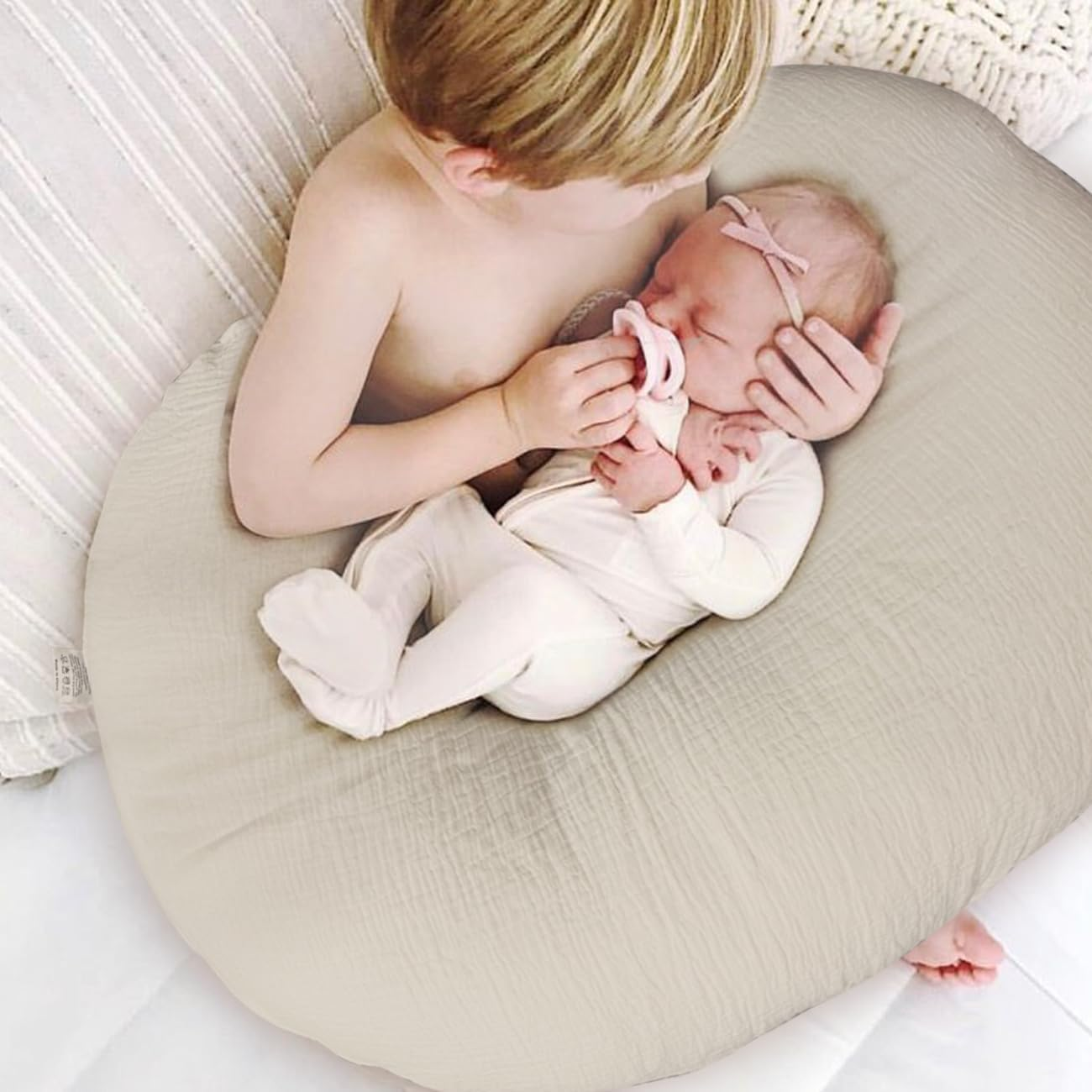 Nursing Pillow Cover,Muslin Cotton,Removable Cover for Breastfeeding Pillows, 2-Pack Pillow Covers, Ultra-Soft Baby Nursing Pillow, Fits Newborn Feeding Pillow 22.5IN*18IN (Sand), FHFHR-3D image number 5