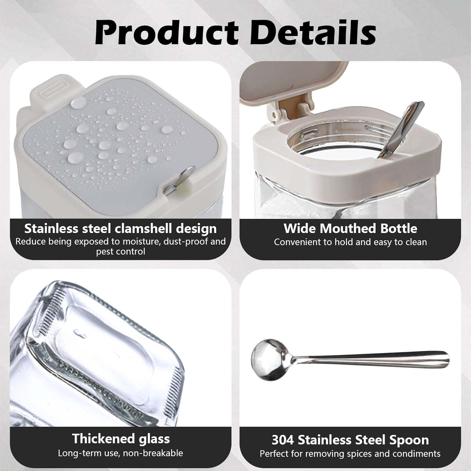 DIYJEP Pack of 3 Spice Jars with Stainless Steel Spoon, Flour Sugar Salt Storage, Glass Square Spice Containers with Lid and Base, Storage Jars, Salt Jar, Spice Box for Kitchen, Seasoning, Tea (White)