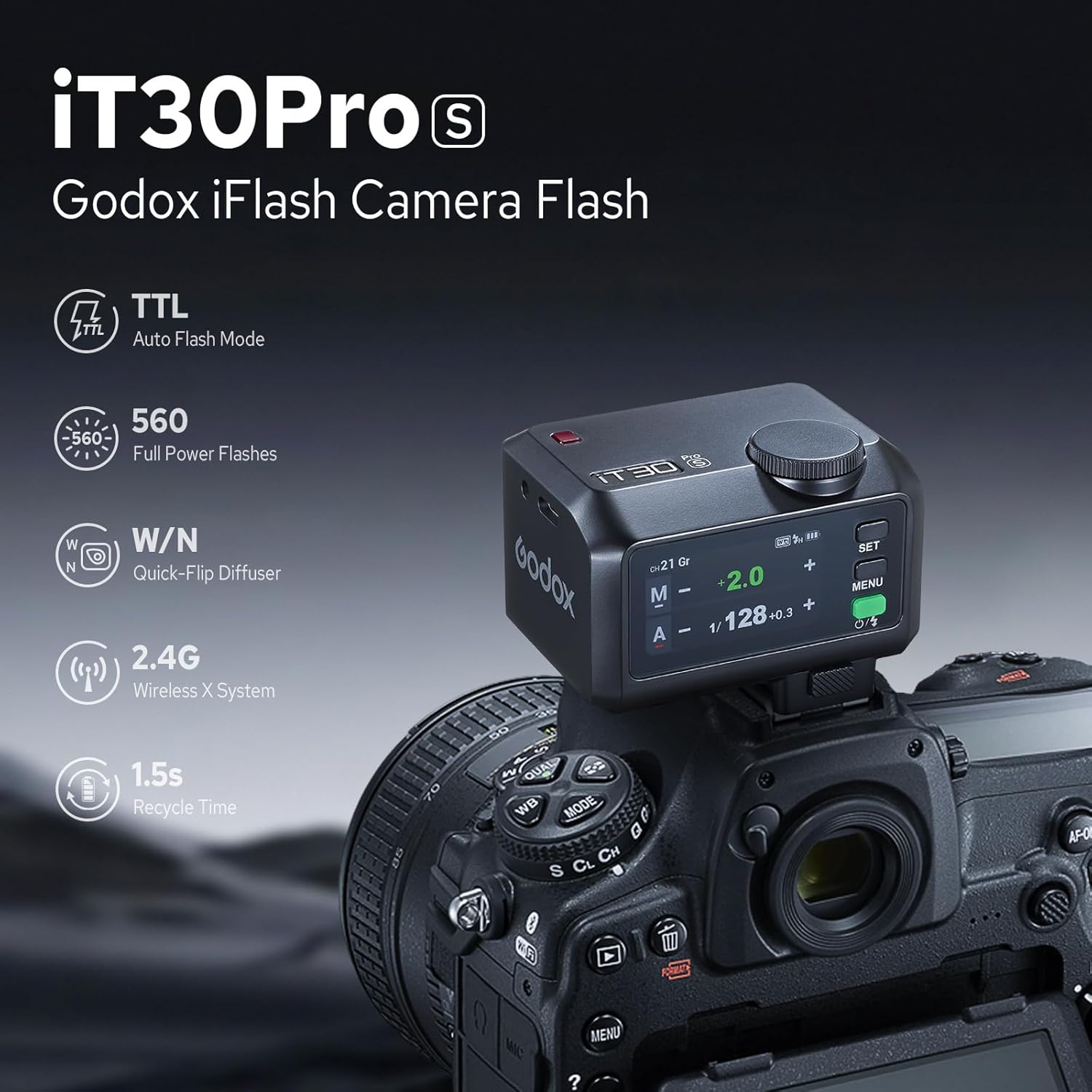 Godox It30Pro S It30 Pro S It30Pros Mini TTL Flash for Sony, 2.4Ghz HSS 1/8000S, Built in Diffuser & Lithium Battery, 1.5S TTL Pocket Flash Speedlite for Sony Camera, 560 Full-Power Flashes (Black)