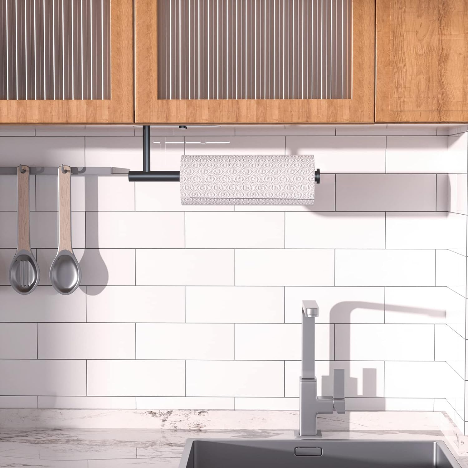 Paper Towel Holder under Cabinet, Self Adhesive Paper Towel Holder for Kitchen Wall Mount SUS304 Stainless Steel Holder under Counter Hanging Towels Kitchen Organization (Black) image number 2