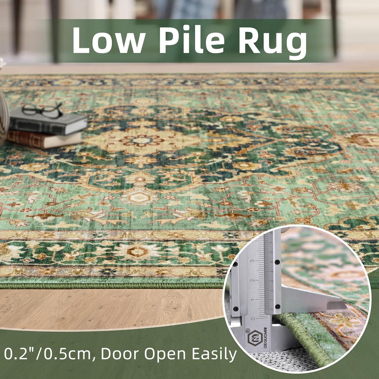 Deerly Area Rugs for Living Room Boho Vintage Machine Washable Carpet Non-Slip Distressed Print Floor Area Rug for Bedroom, Livingroom, Entance, Laundry, Dormitory, Apartment (Darkgreen, 120X160CM) image number 2