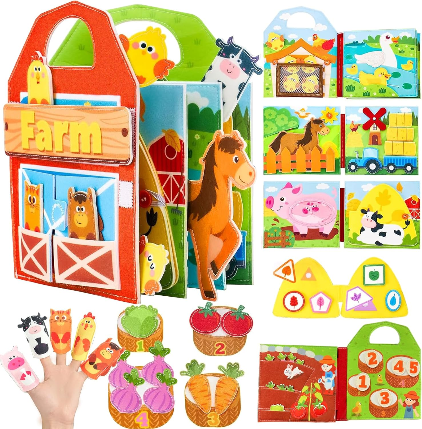 Toddler Busy Book, Farm Animal Theme Quiet Busy Books with Cognition, Sorting, Matching Function, Soft Felt Material, Montessori Busy Book for 3+ Years Old Boys Girls (Green)