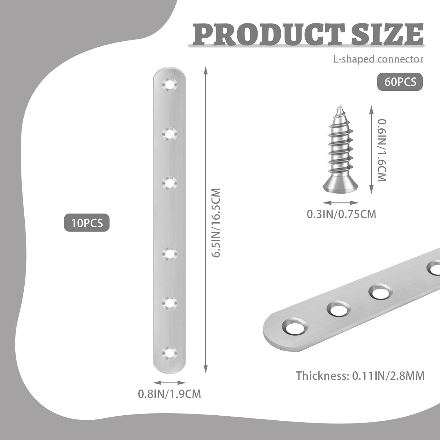 Diakey 10 Pack Flat Brackets for Braces, 16.5 X 1.9 X 0.28Cm/6.5 X 0.8 X 0.11In Stainless Steel Straight Mounting Brackets Metal Mending Plate with Screws for Wood Furniture Repair Fixing image number 2