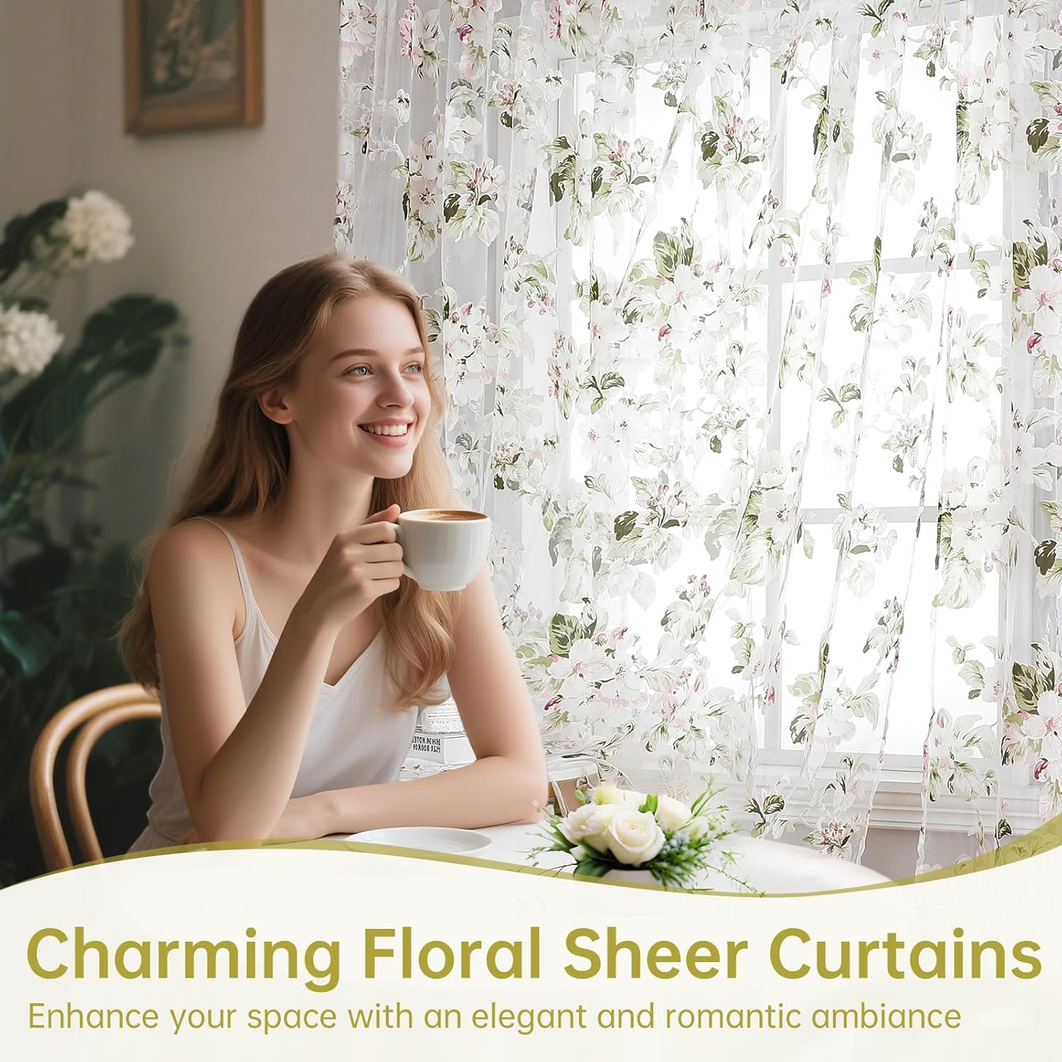 BROSHAN Floral Print Sheer Room Curtains, Pretty Pink Flower Curtain Sheers Sage Green Leaves Pattern Bedroom Curtain Set of 2 Botanical Voile Tulle Window Curtain Panels Rod Pocket image number 7
