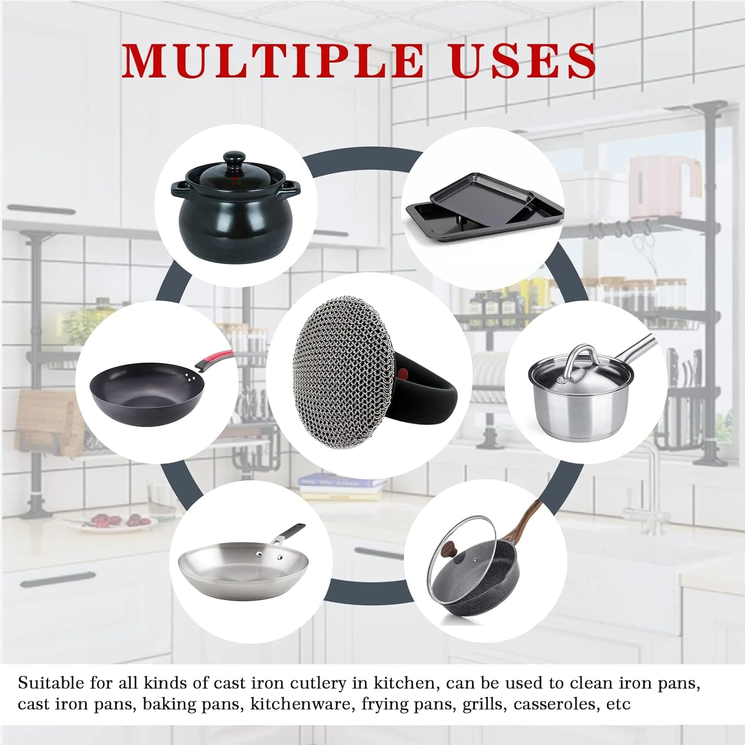 MEIXINZHI Cast Iron Scrubber and Skillet Cleaner with 2 Pan Grill Scrapers - Chain Mail for Cleaning Cast Iron (Black with Mat) image number 1