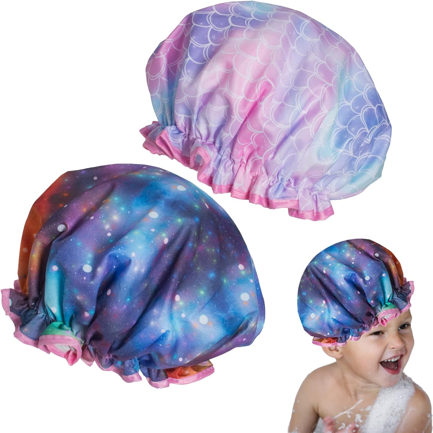 Qeuly Shower Cap for Kids, 2 Pack Kids Shower Caps Reusable Double Layer Waterproof Toddler Shower Cap, Elastic Band Kids Bonnets for Girls and Boys (Galaxy + Mermaid)