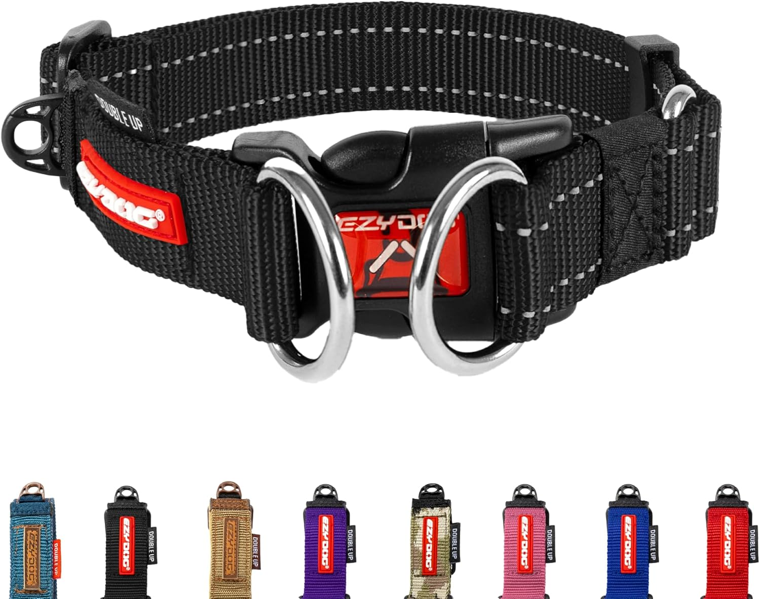 Ezydog Double up Dog Collar - Premium Nylon Webbing Collars for Dogs - Reflective, Comfortable - Attach Leash to Both Stainless Steel D Rings for Extra Strength & Security (XL, Black)
