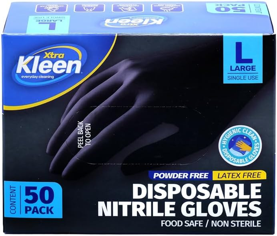 Xtra Kleen Nitrile Powder Free Disposable Gloves, Black, Large (Pack of 50) image number 2
