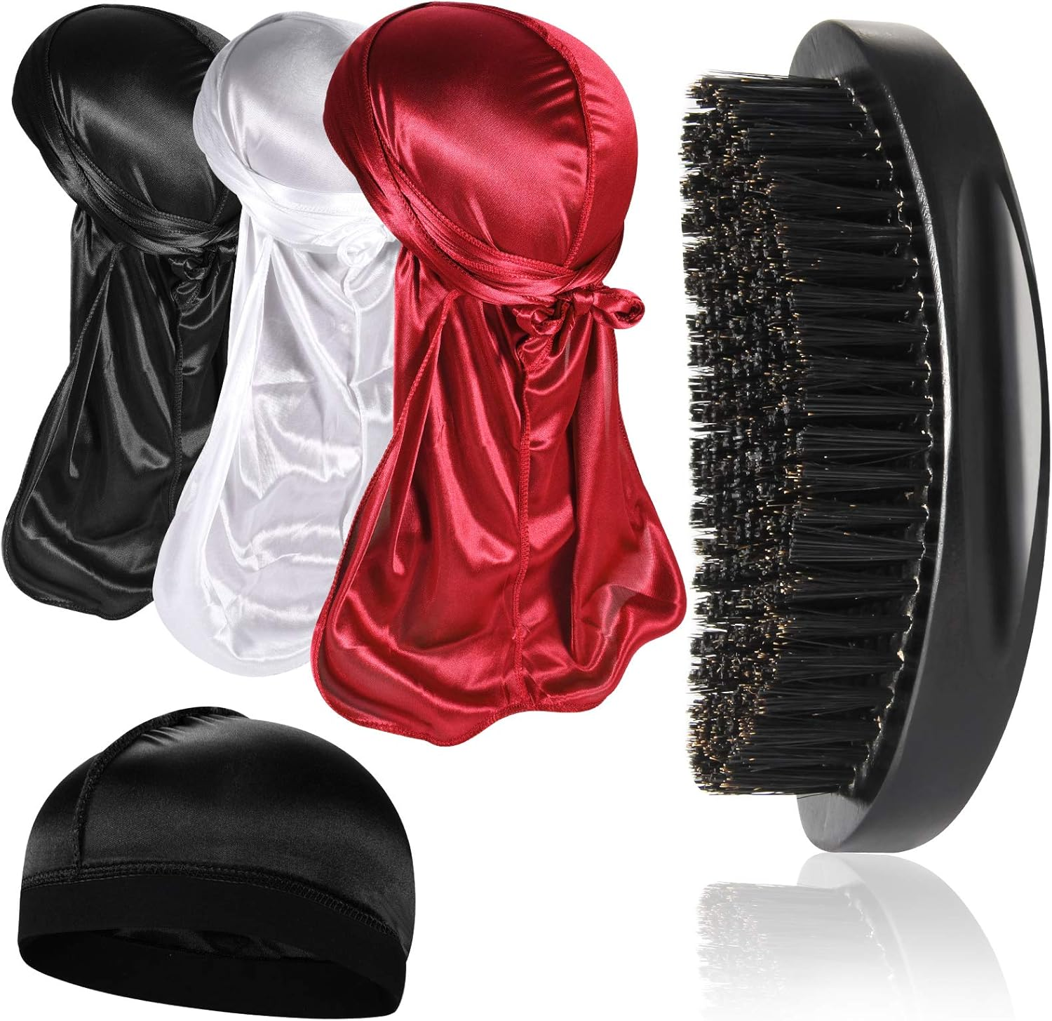 3Pcs Silky Durag with Wave Brush for Men 360, Curved Medium/Hard Hair Brush Kits,A