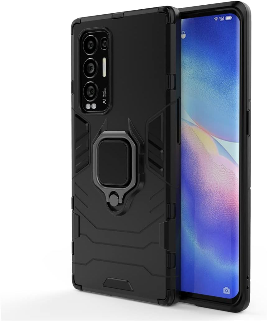 Compatible with Oppo Reno 5 Pro plus 5G Case, Metal Ring Grip Kickstand Shockproof Hard Bumper (Works with Magnetic Car Mount) Dual Layer Rugged Cover (Black) - Black image number 6