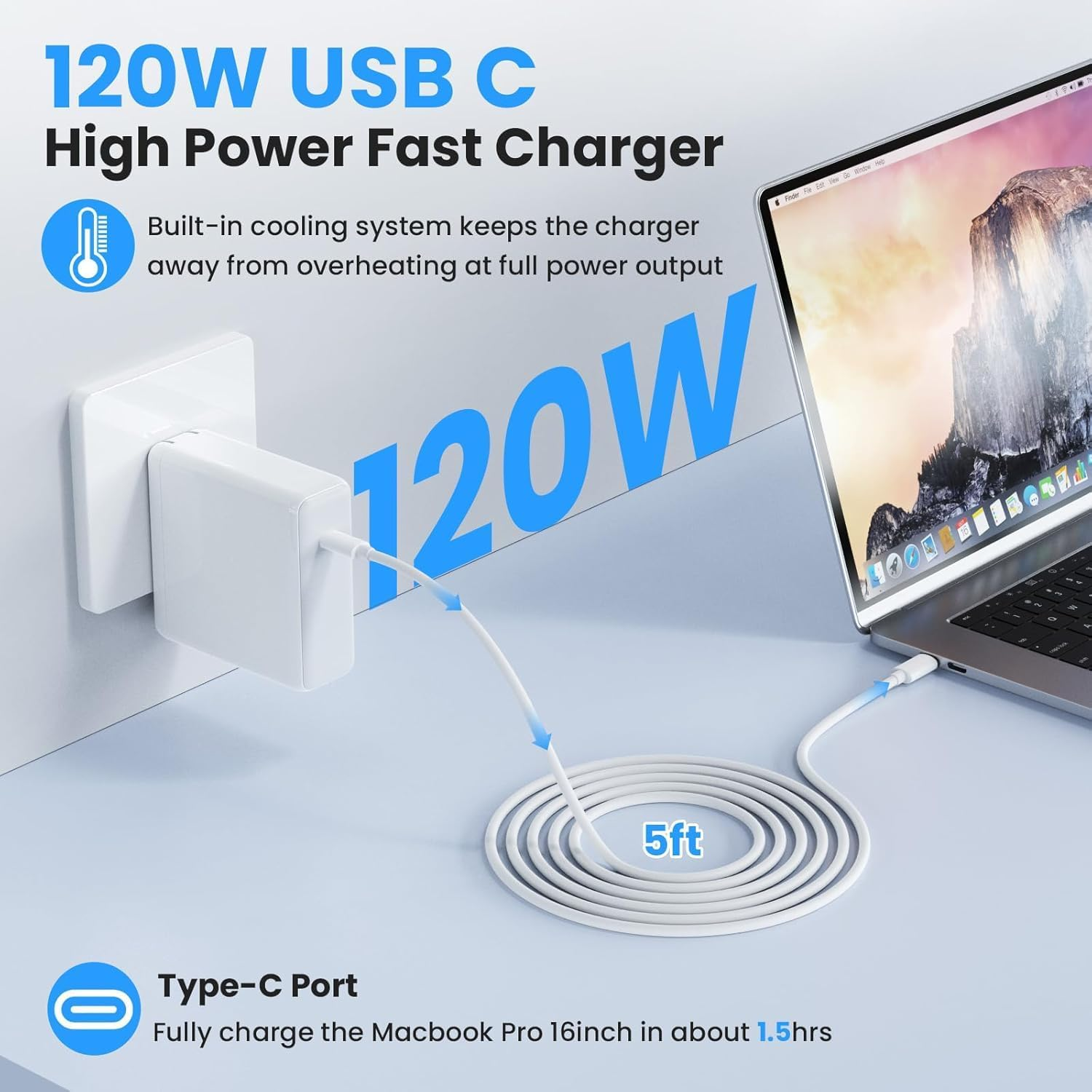 120W Macbook Pro Charger，Usb C Fast Charger Adapter Compatible with Macbook Pro & Macbook Air 13, 14, 15, 16 Inch, Ipad Pro, Samsung Galaxy and All USB C Device, Included 6.6Ft USB-C to C Cable image number 3