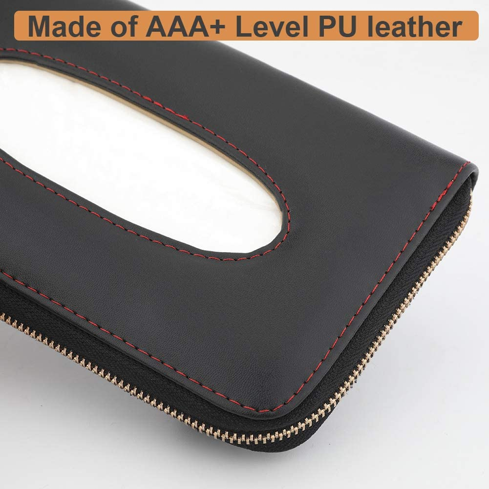 Cartisen Car Tissue Holder, Sun Visor Tissue Holder, Car Visor Napkin Holder, PU Leather Backseat Tissue Case Holder for Car Vehicle with Zipper (Black) - Beige image number 5