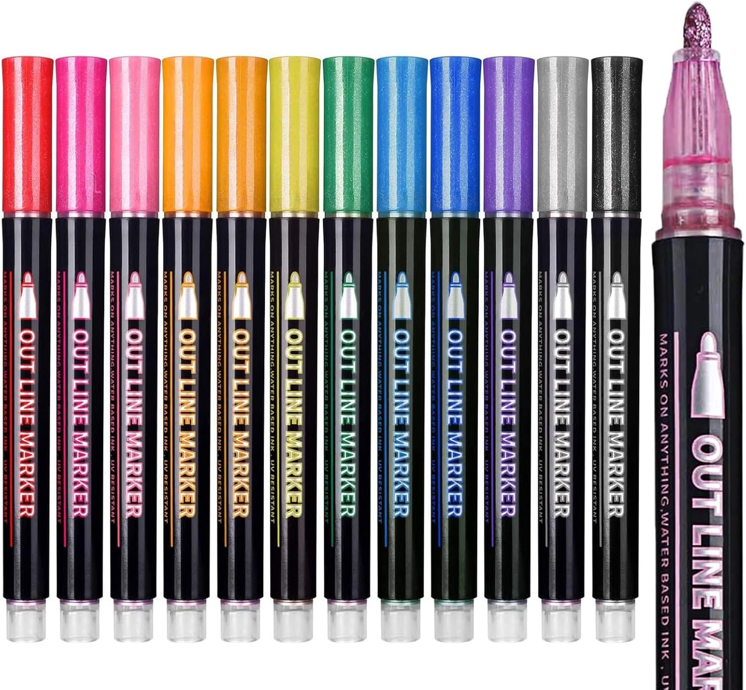 12 Color Metallic Outline Markers，Double Line Glitter Pens for Greeting Cards,Art Drawing, Cards & Crafts (12) image number 2