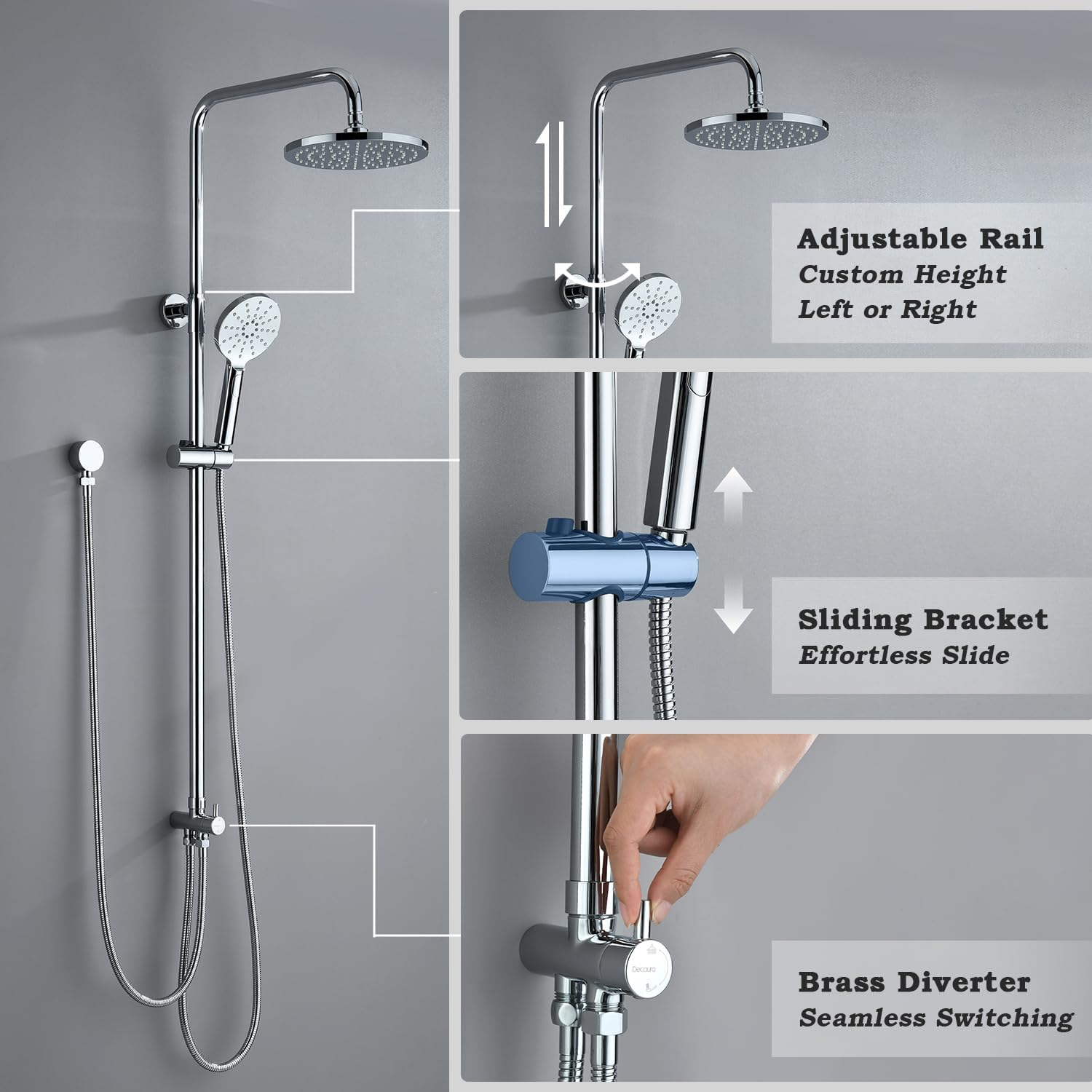 Decaura WELS Twin Hose Shower System 9" Rain Shower Head Set Sliding Rail 3-Mode Handheld Shower Head 2 in 1 Set (Round Head Chrome) - Round Head Chrome image number 4