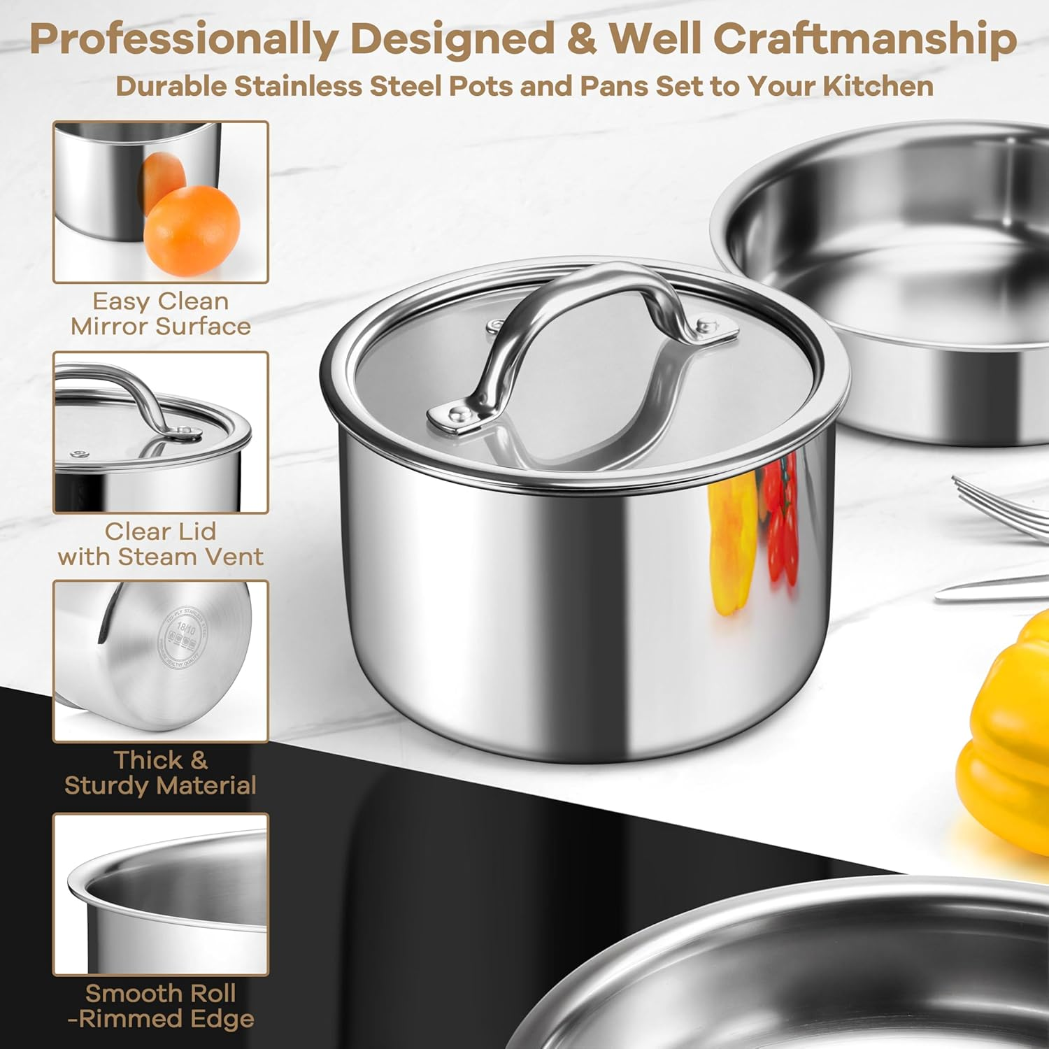 E-Far 9Pcs Pots and Pans Set, Stainless Steel Cookware Set with Detachable Handle, All-Clad 3-Ply Kitchen Cookware Sets with Removable Handle, Induction Cooking Set for RV Camping, Oven Safe image number 2