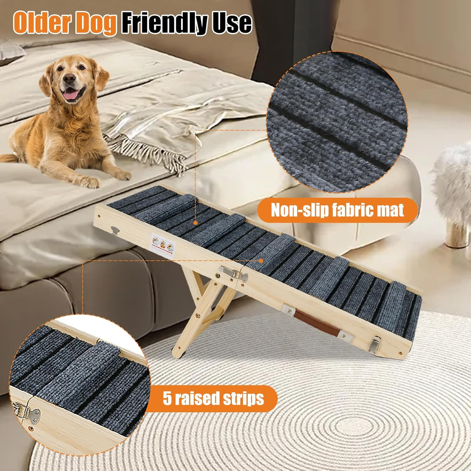 Wooden Dog Ramp, Dog Stairs for Small Dogs and Older, Adjustable 20-45 Cm, with Non-Slip Step Mat, Ramp for Pets, Portable Foldable for Bed or Sofa Car image number 3