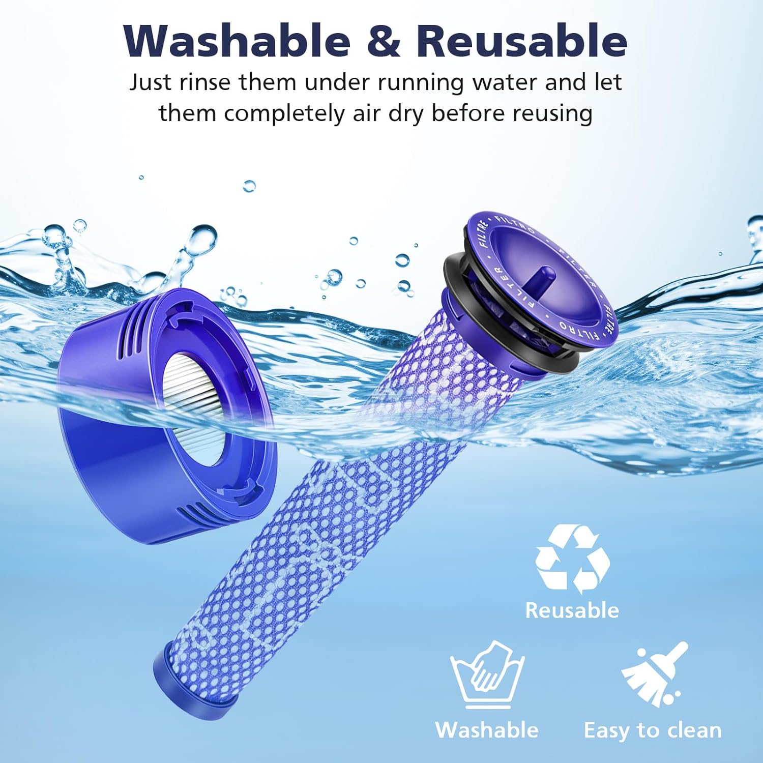 4 Pack Vacuum Filter Replacement Kit Compatible with Dyson V7, V8 Animal and V8 Absolute Cordless Vacuum, 2 Post Filters, 2 Pre Filters, Replaces Part # 965661-01 & 967478-01 image number 1