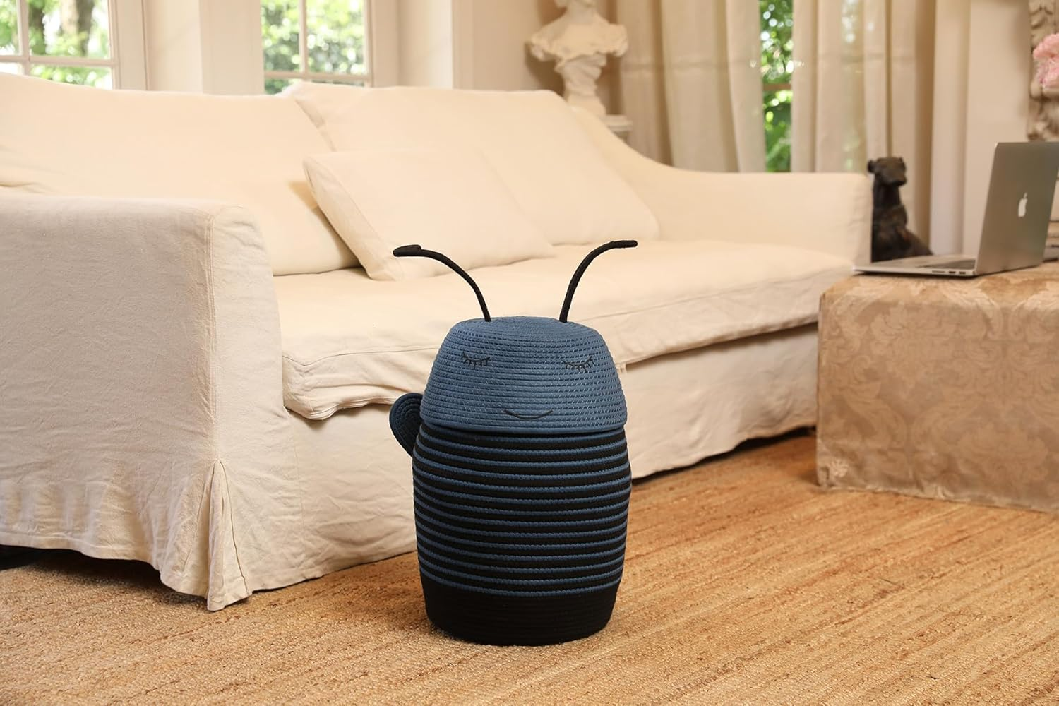 Cottonphant Handcrafted Animal Inspired Basket with Lid | Cotton Storage Solution for Organization in Bedroom | Perfect Organizer for a Shower or Retreat (Dark Blue Bee, 12"X18") image number 2