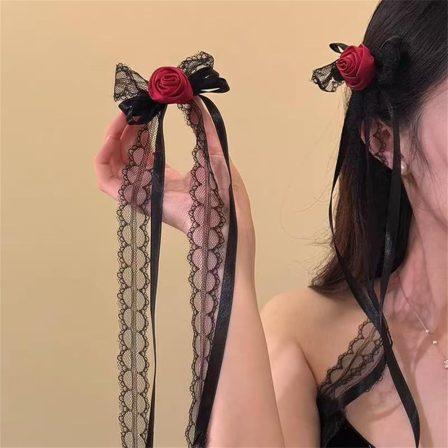 LERTREE 2Pcs Gothic Rose Hair Clips with Long Ribbon Tail, Black Lace Floral Bowknot Hair Barrettes for Halloween Cosplay Bridal Wedding image number 1