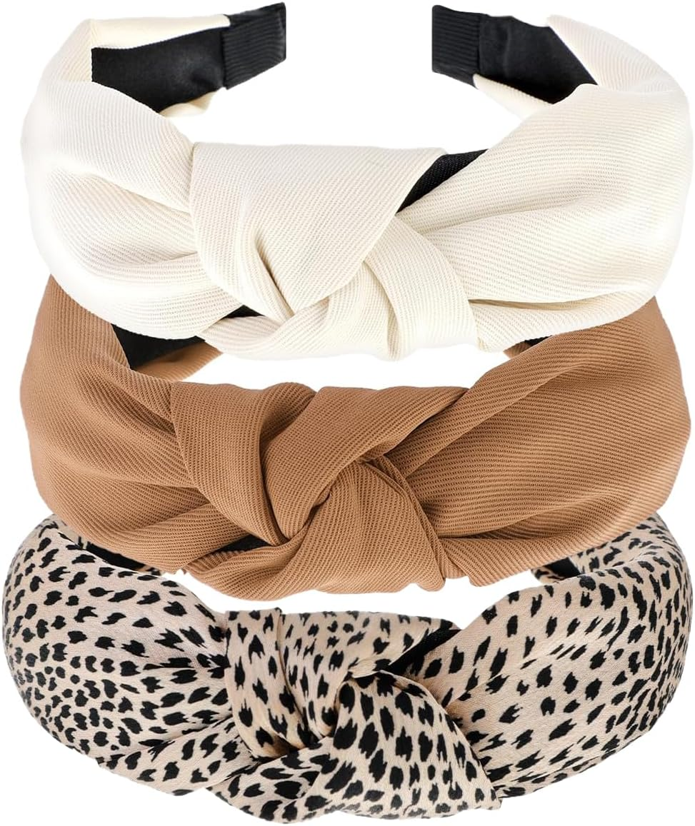 Hairbands,3 PCS Headbands for Women,Hair Bands for Women Wide Fashion Knotted Headband,Leopard Headband Non Slip Exquisite,Solid Color Elastic Hair Band Accessories,Suit for Girls and Women