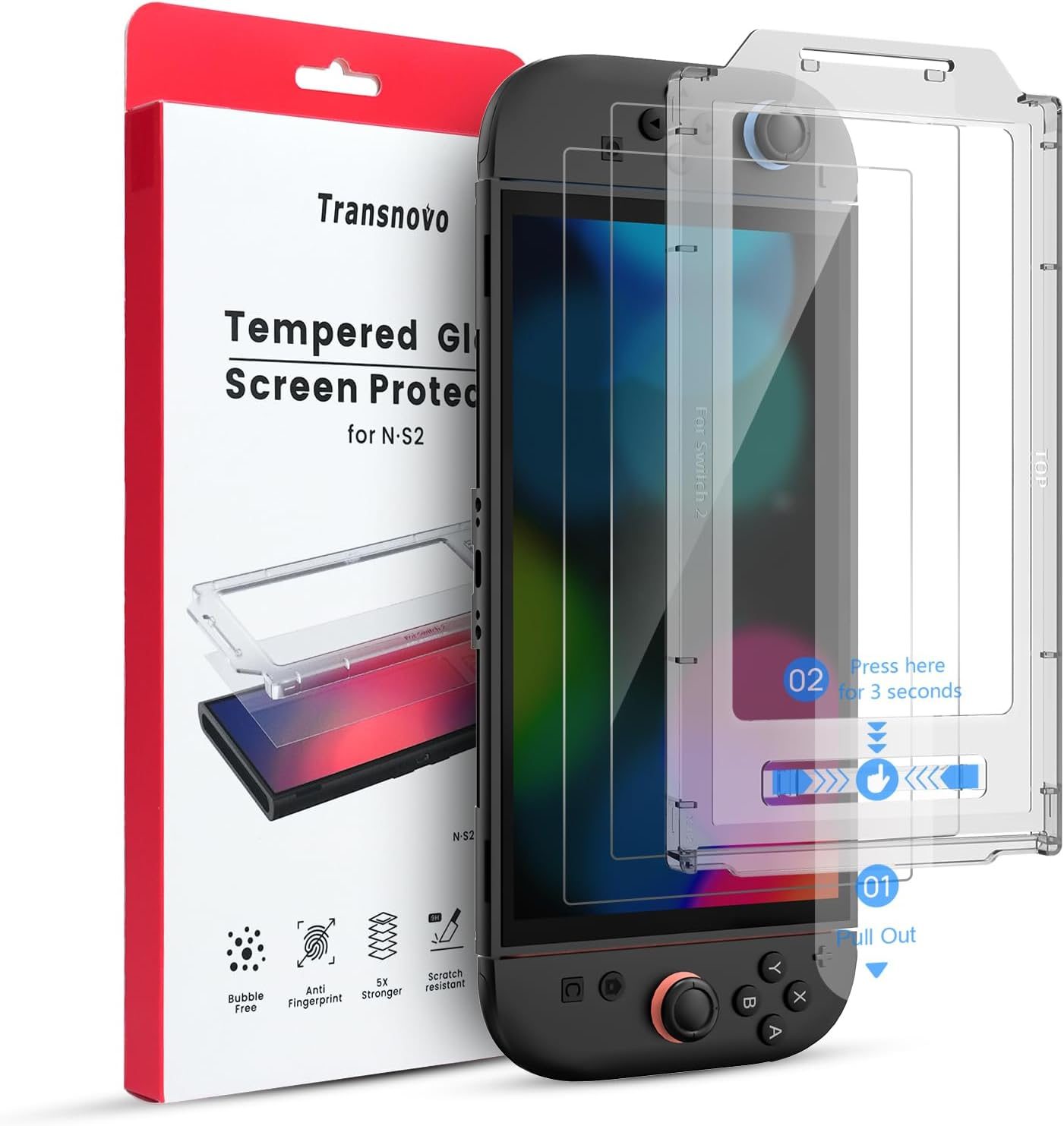 TRANSNOVO 2 Pack Screen Protector Compatible with Nintendo Switch 2, HD Clear Tempered Glass with 9H Hardness, Scratch-Resistant & Durable, Includes Auto Alignment Tool Kit image number 5