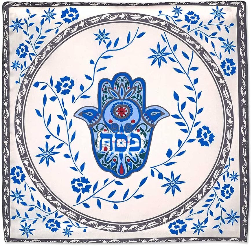Stunning Silk Passover Seder Matzah Cover Floral Hamsa Design with 3 Pockets for the 3 Matzos - Fits round Shmurah Matzo or Square Matzot Pesach Table Essential Decorations image number 4