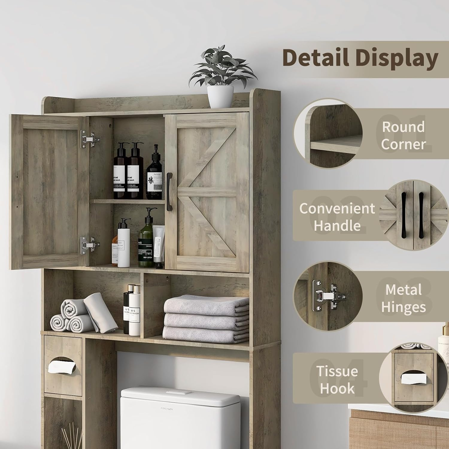 Lumoti Grey over the Toilet Storage Cabinet, Multi-Tier Bathroom Shelf over Toilet with Tissue Holder and Doors, Space Saver Bathroom Cabinet for Laundry Room Restroom