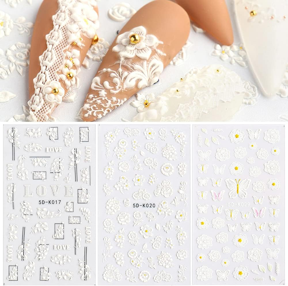 5D Stereoscopic Embossed Nail Art Stickers White Flower Nail Decals Relief Self-Adhesive Butterfly Nail Stickers Nail Art Supplies Nail Designs for Women DIY Acrylic Nail Decorations (3 Sheets) image number 3