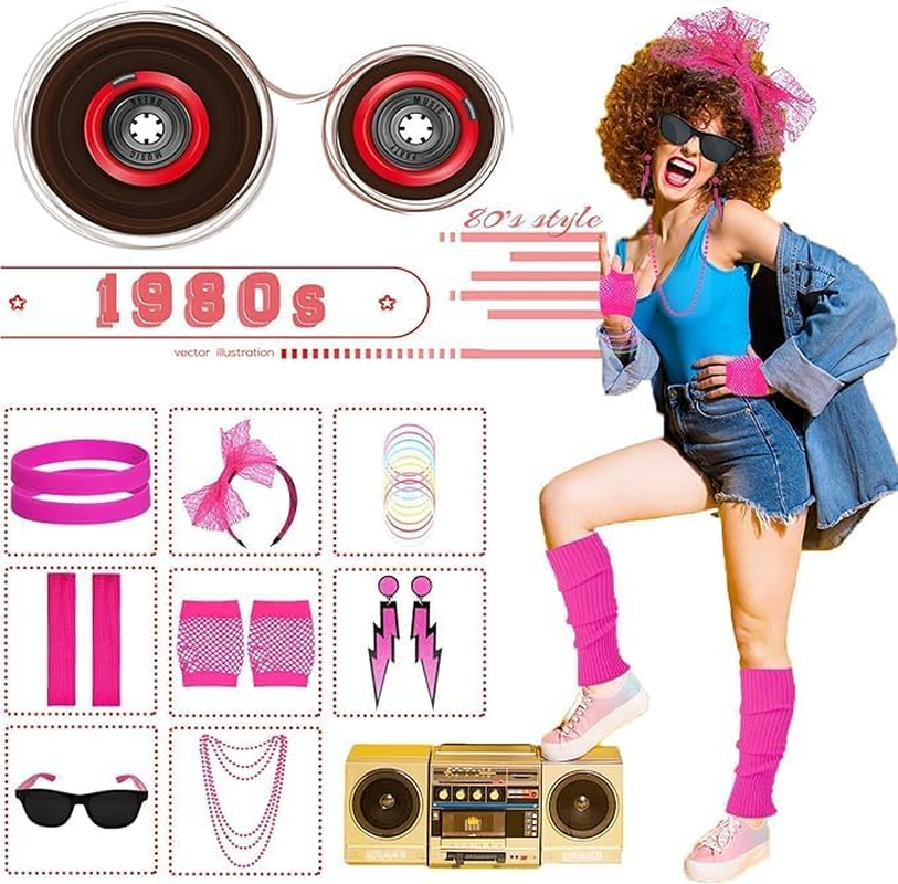 80S Fancy Dress for Women,1980S Costume Accessories Set with Leg Warmers Lace Bow Headband Necklace Bracelets Fishnet Gloves 80S Earrings Sunglasses, 80S Fancy Dress for Women