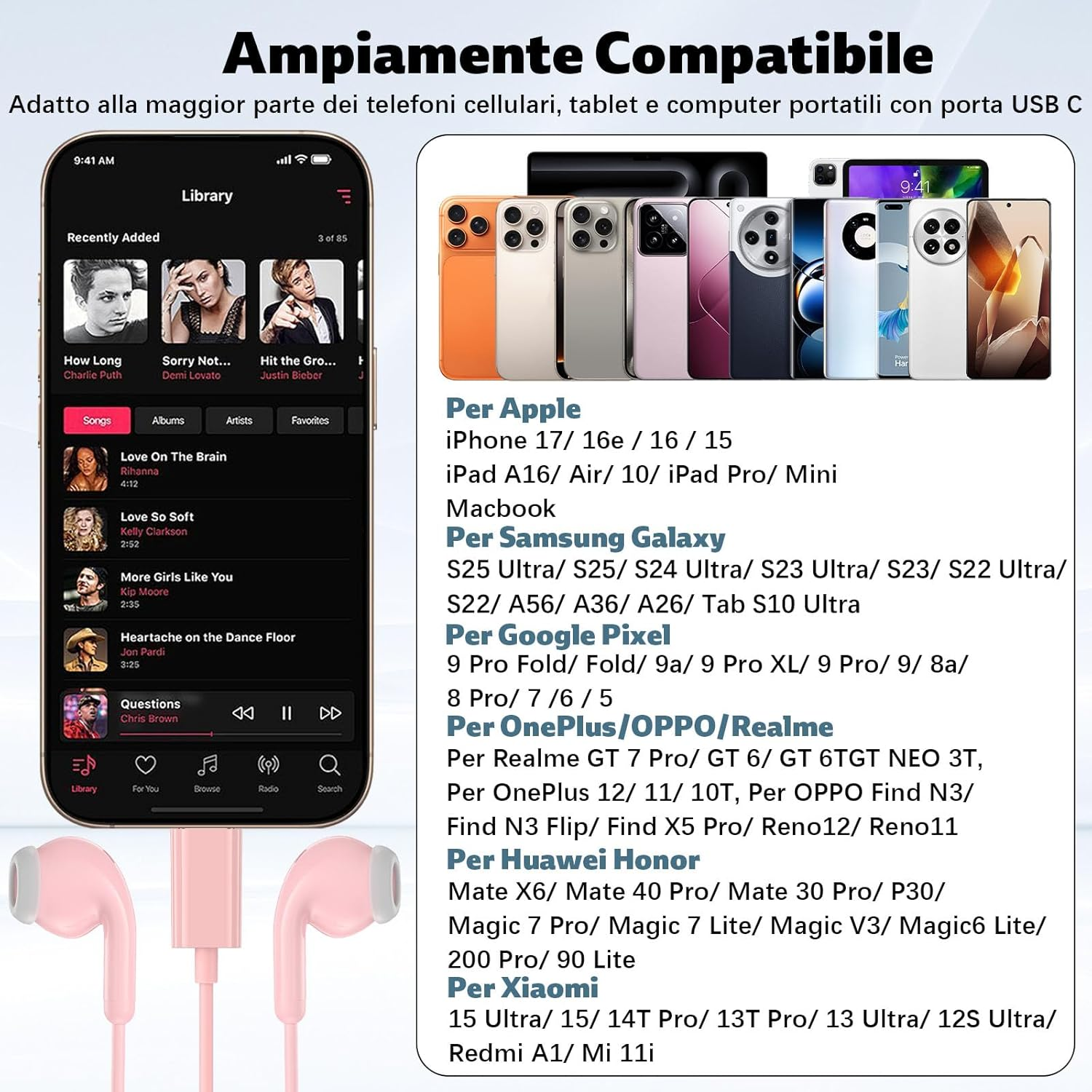 USB C Headphones for Samsung S25 Ultra S24 S23 S22 A54 Type C In-Ear Headphones with Wired Hifi Stereo Earphones with Microphone and Volume Control for Iphone 17 Pro Max 16 15 plus Ipad for Google - Pink image number 4